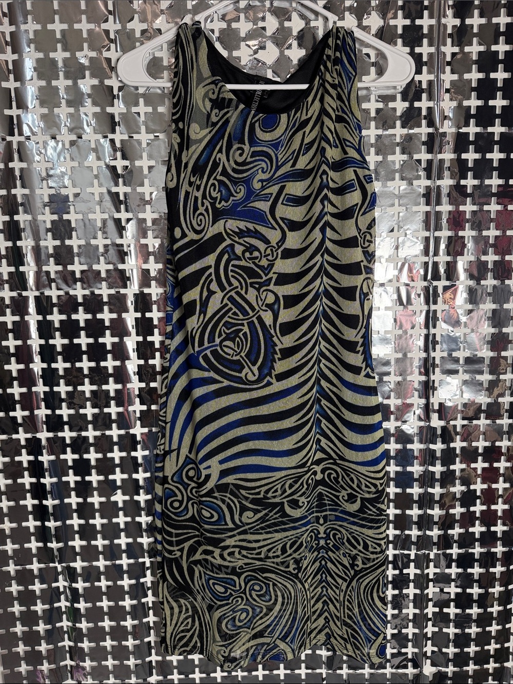 MT Collection Sleeveless Olive and Navy Abstract Midi Dress